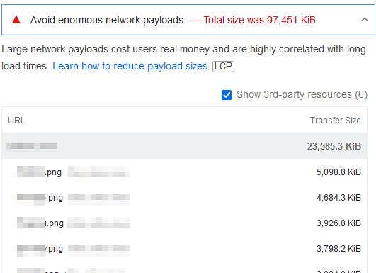 A PageSpeed screenshot showing a summary of heavy assets